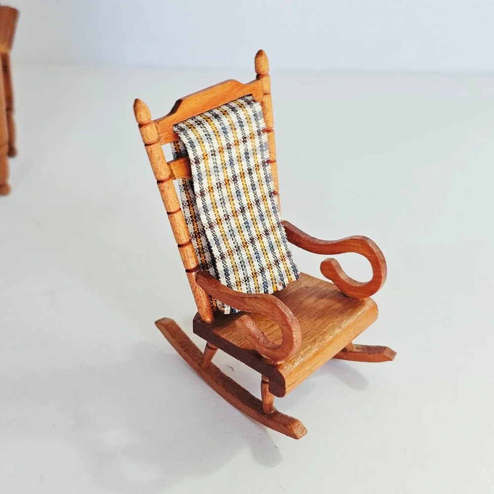 Vtg Wood Dollhouse Furniture Set Highboy Dresser Rocker Basinet Miniature Decor